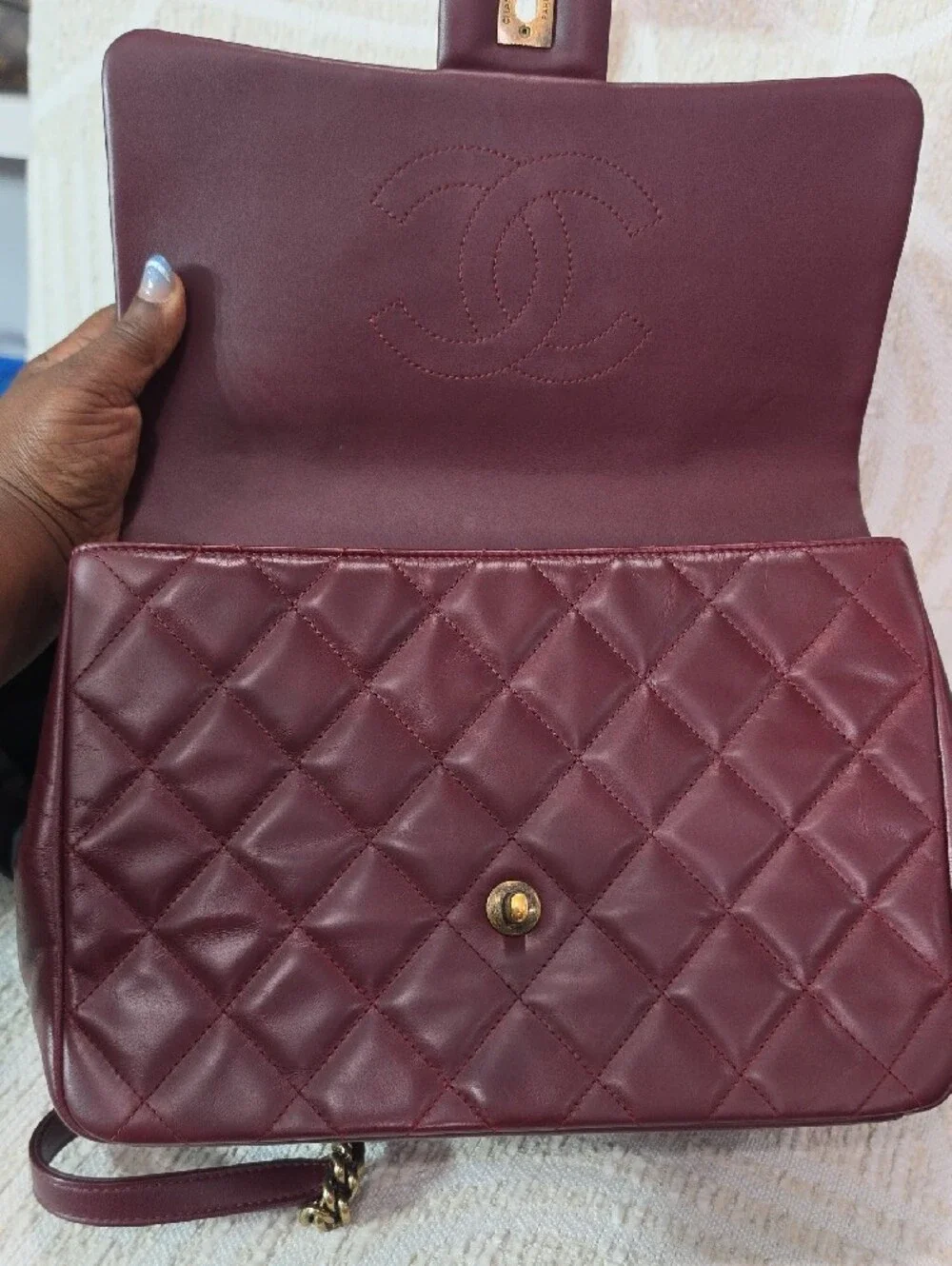 CHANEL Crinkle Leather Top-Hnadle Flap Bag in Deep Burgundy with Gold Hardware